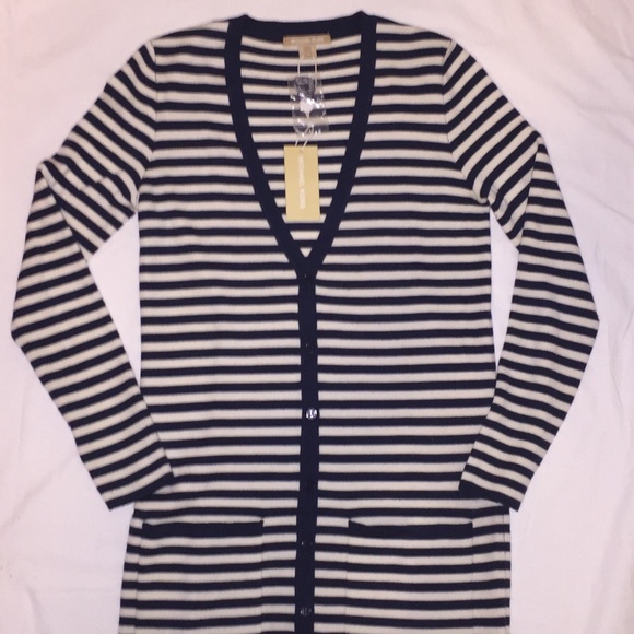 Michael Kors Collection Navy & White Striped Cashmere Cardigan - Picture 2 of 8